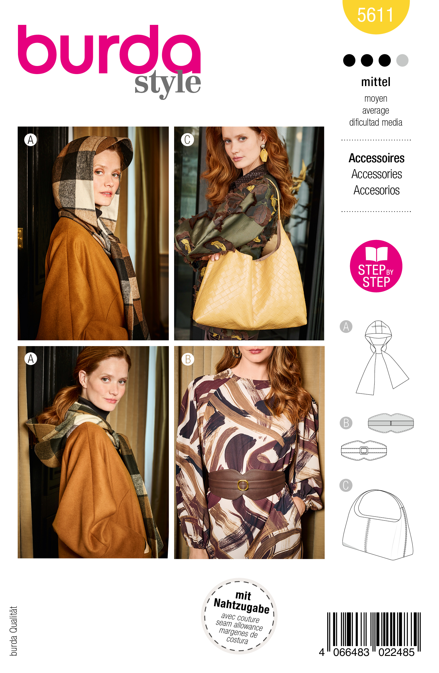 Burda Schnitt 5611 - Accessoires Set mit Schal, Gürtel &Tasche