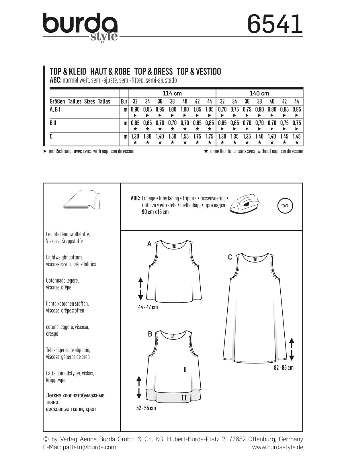 burda Schnitt 6541 "Top und Kleid und ärmellos "