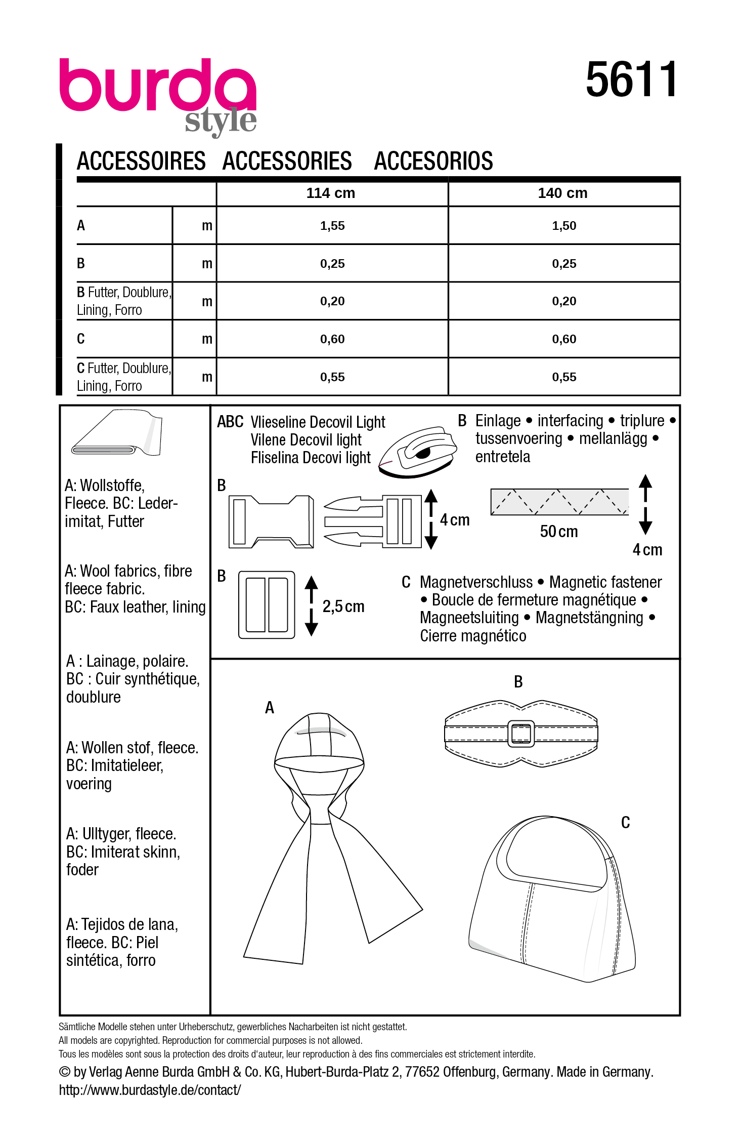 Burda Schnitt 5611 - Accessoires Set mit Schal, Gürtel &Tasche