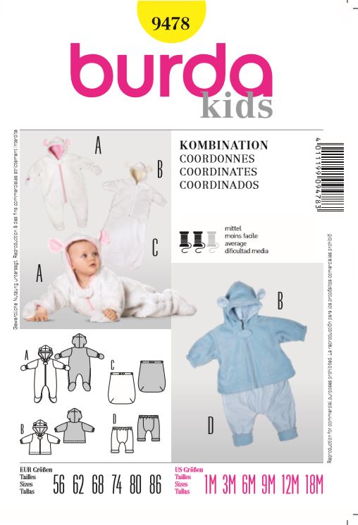 burda Schnitt 9478 "Baby Kombination: Overall, Jacke, Fußsack und Hose " burda Schnitt 9478 "Baby Kombination: Overall, Jacke, Fußsack und Hose "