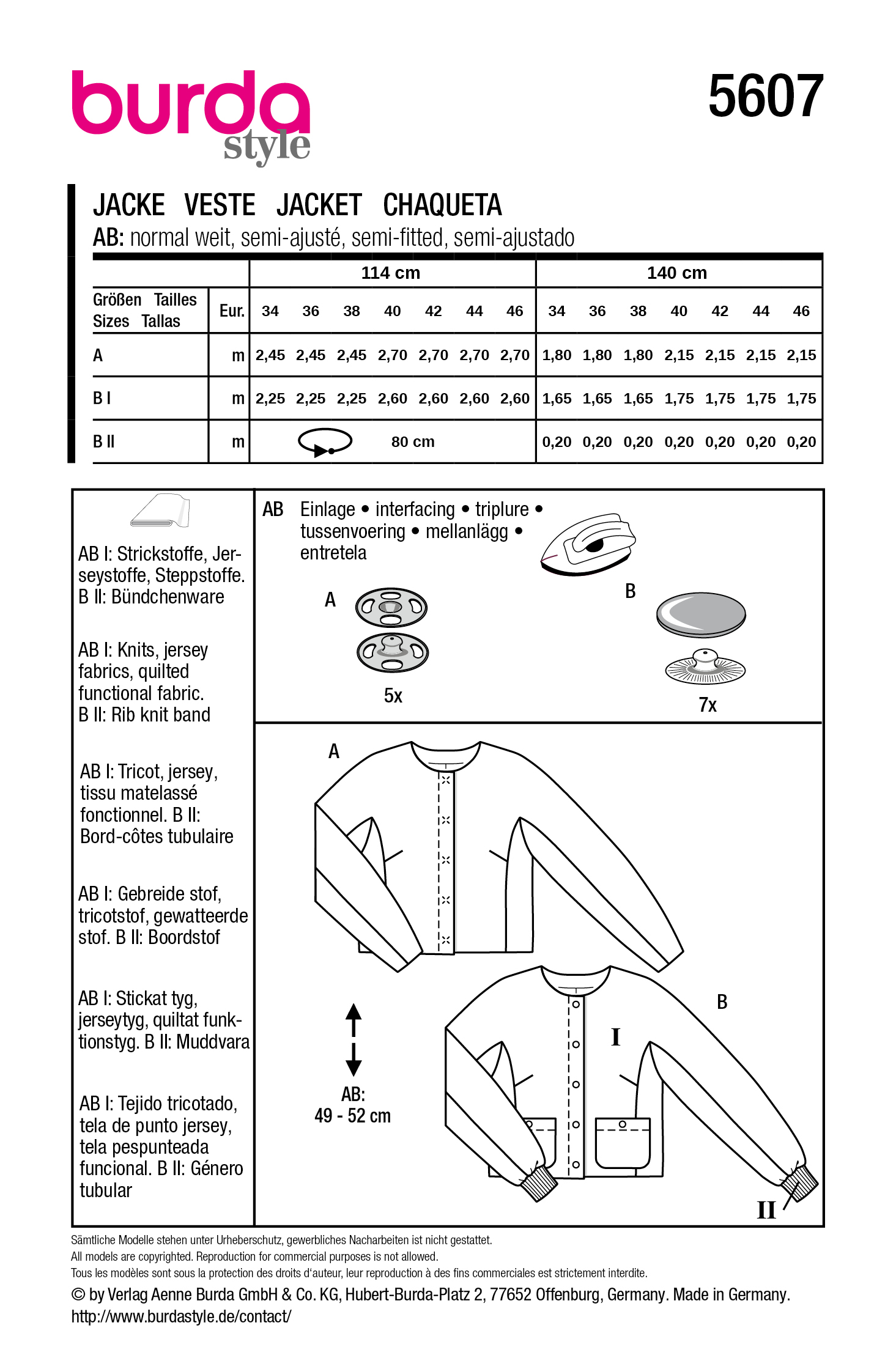 burda Schnitt 5607 - Kurzjacken mit Knopfleiste