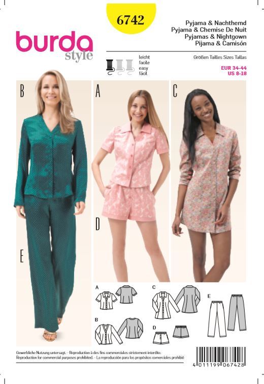 burda Schnitt 6742 "Pyjama, Nachthemd und Shorts und Bluse und Tunika"