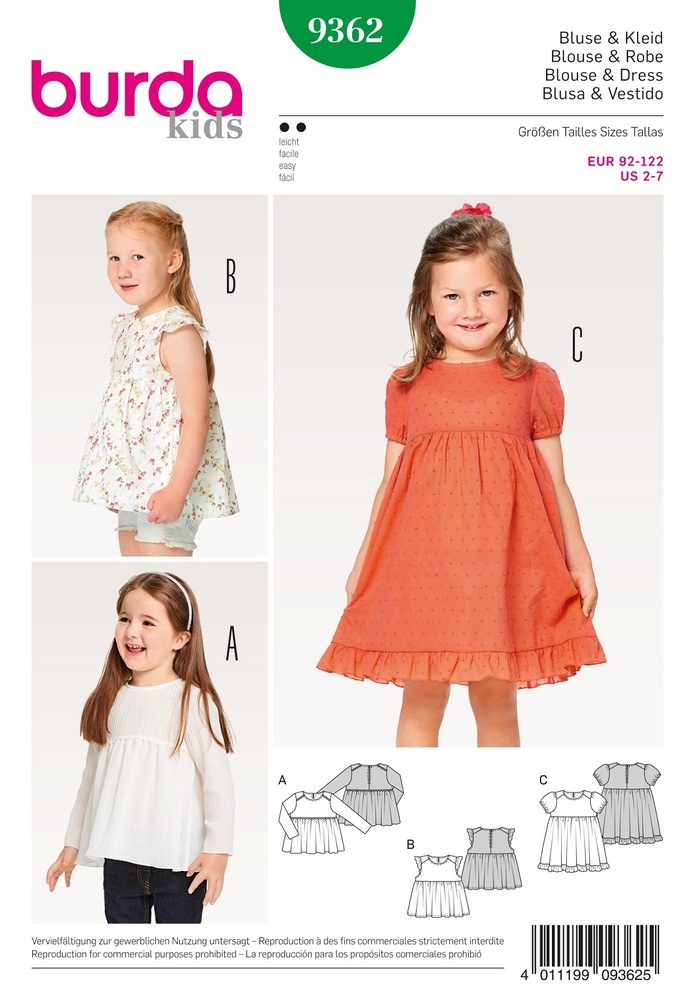 burda Schnitt 9362 "Bluse und Kleid und Hängerchen und eingereihter Rock und Saumrüsche"