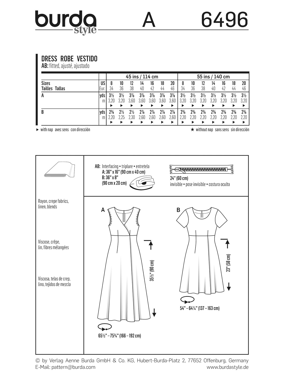 burda Schnitt 6496 "Kleid und hohe Taille und Wickeleffekt"