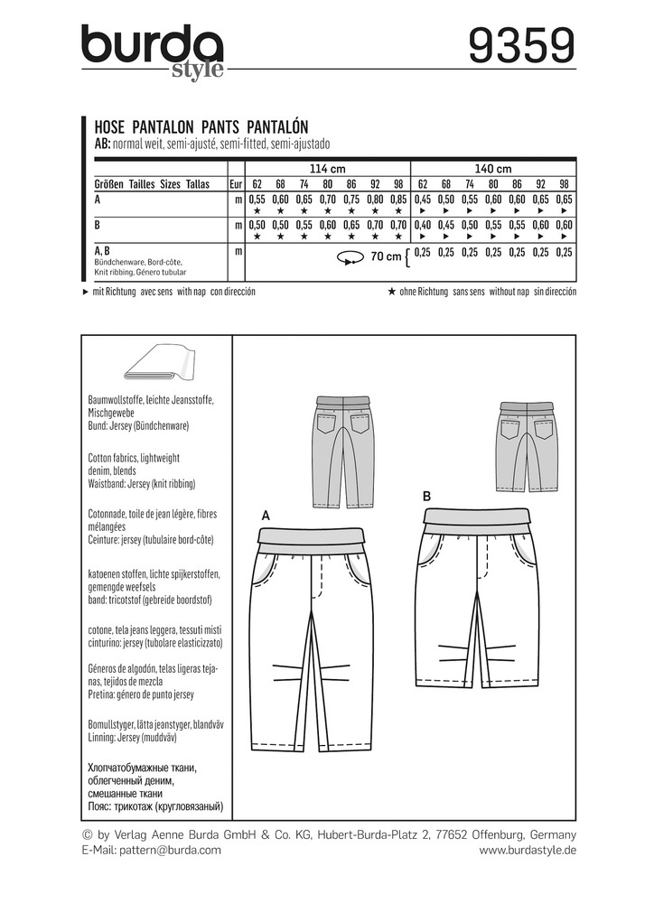 burda Schnitt 9359 "Hose und hüftpassentaschen und Elastikbund"