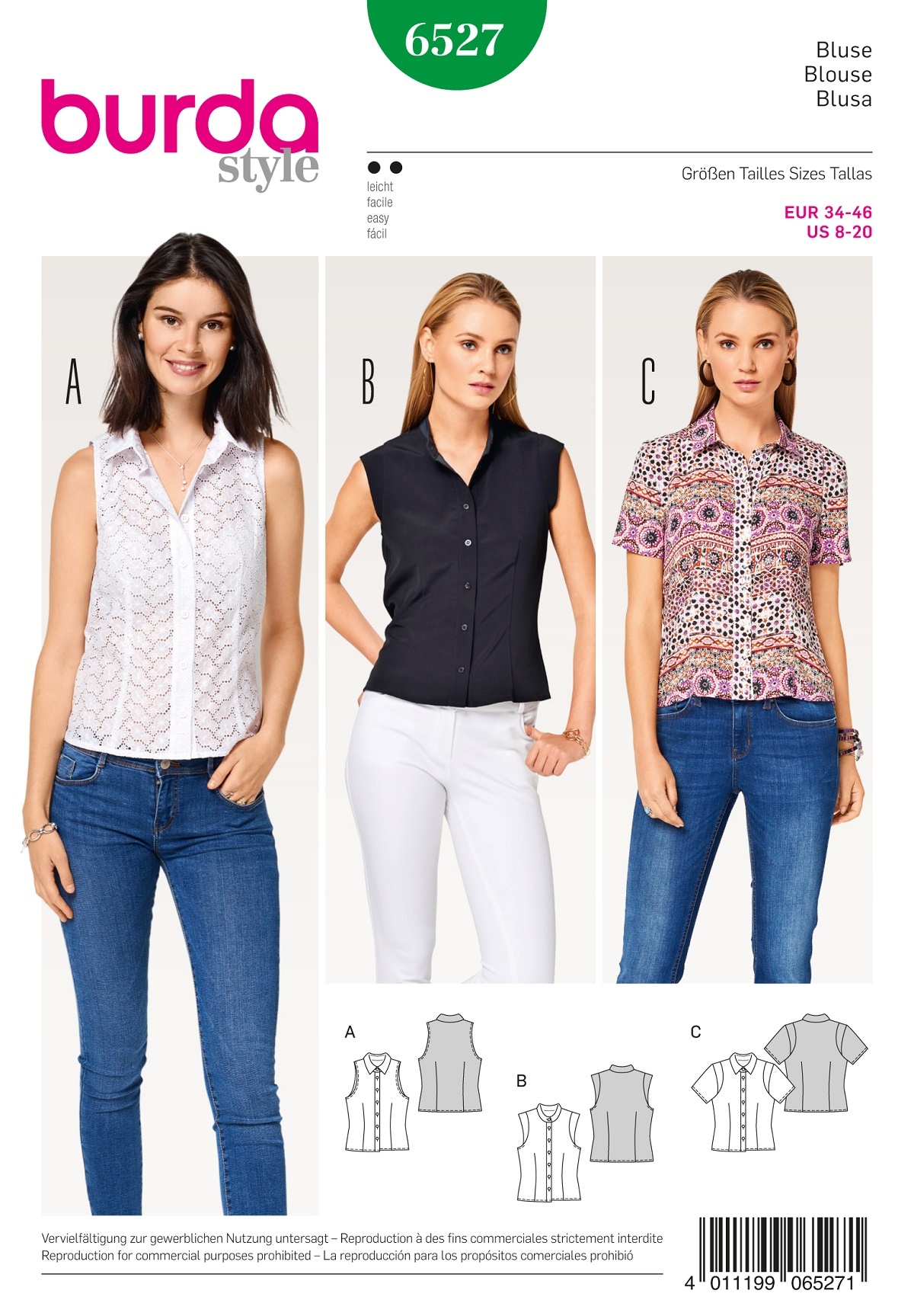 burda Schnitt 6527 "Bluse und Hemdkragen und Stehkragen und Ärmelblende"