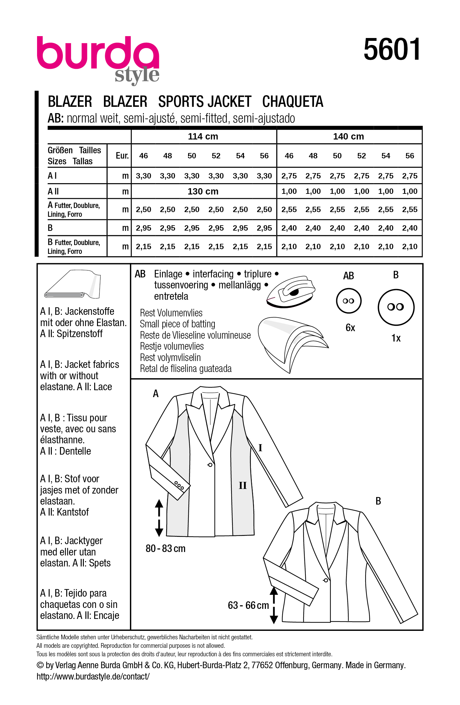 burda Schnitt  5601 - Smokingjacke & Blazer