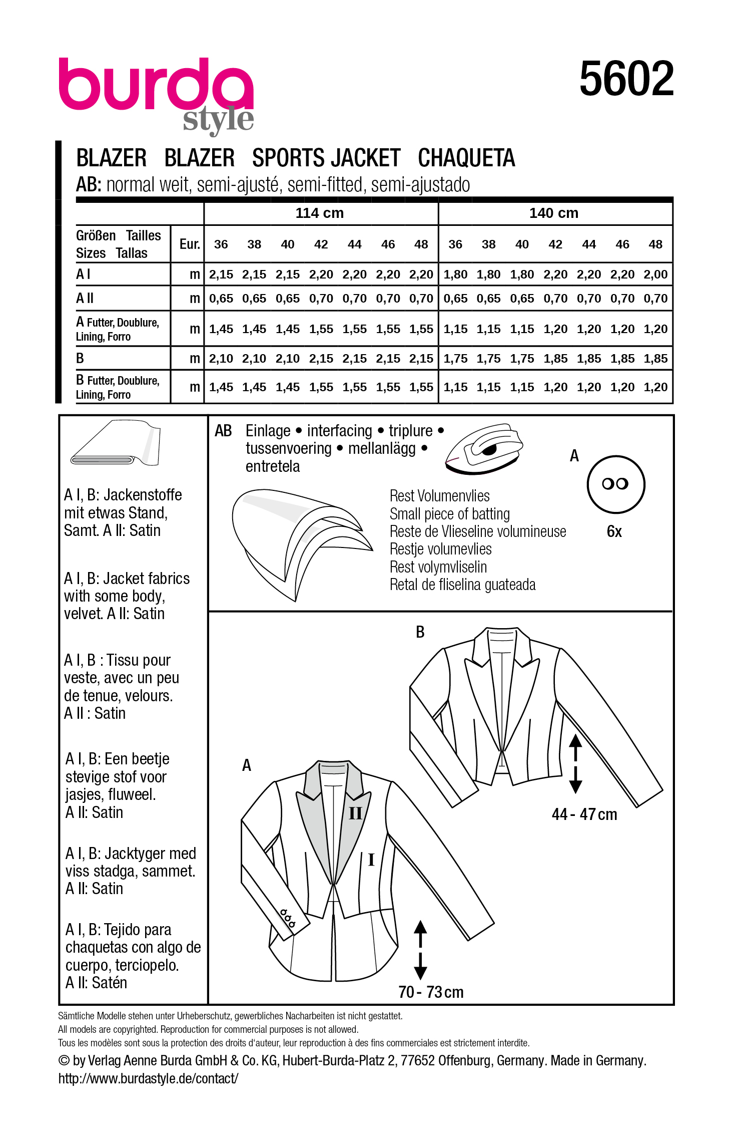 burda Schnitt 5602 - Spencer-Blazer in 2 Längen