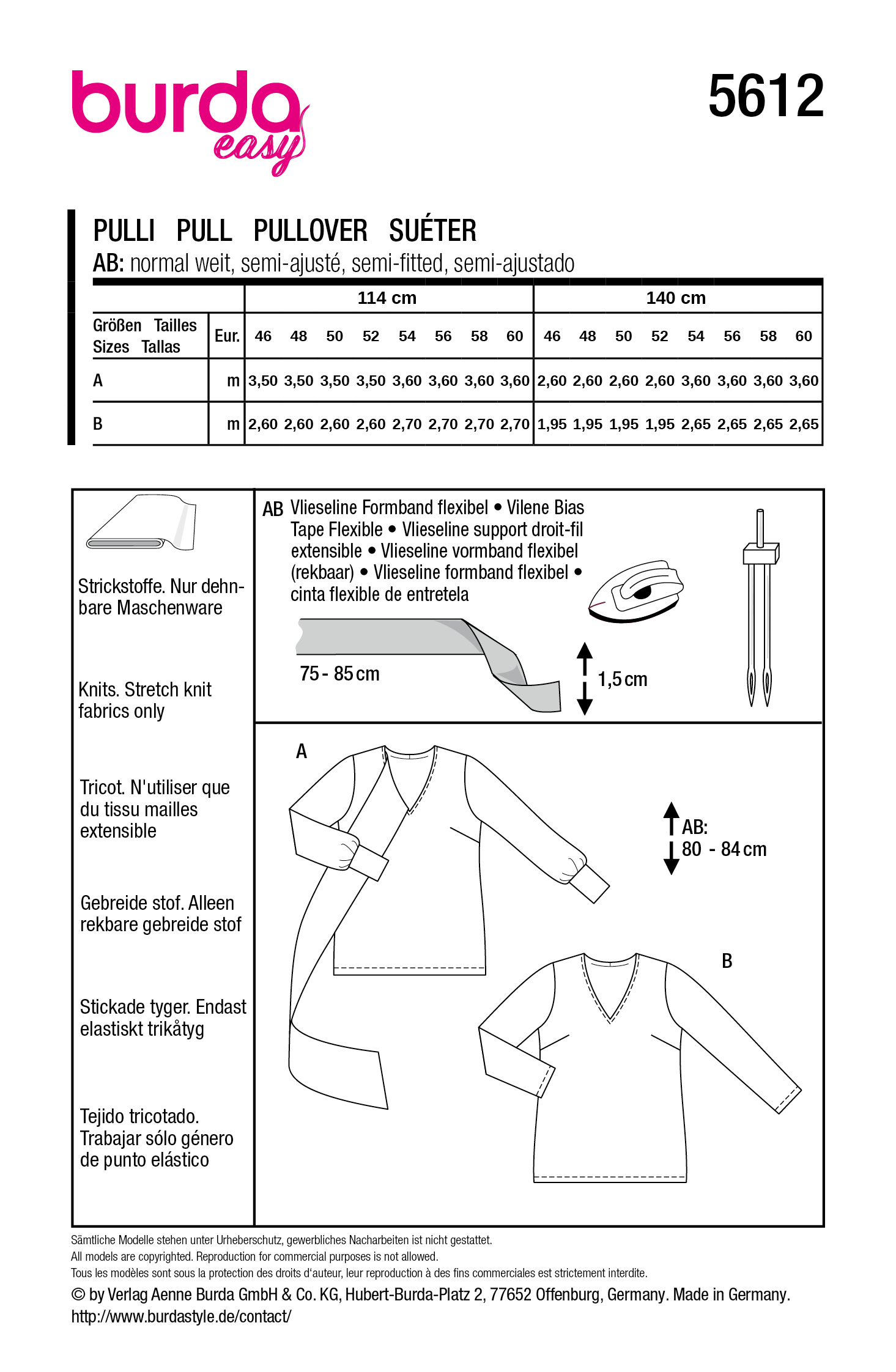 burda Schnitt 5612 - Pullover optional mit Schalkragen