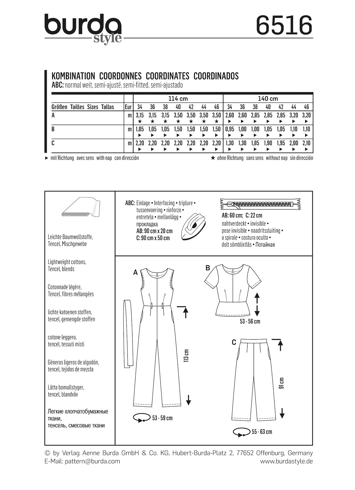 burda Schnitt 6516 "Overall - Oberteil - Hose "