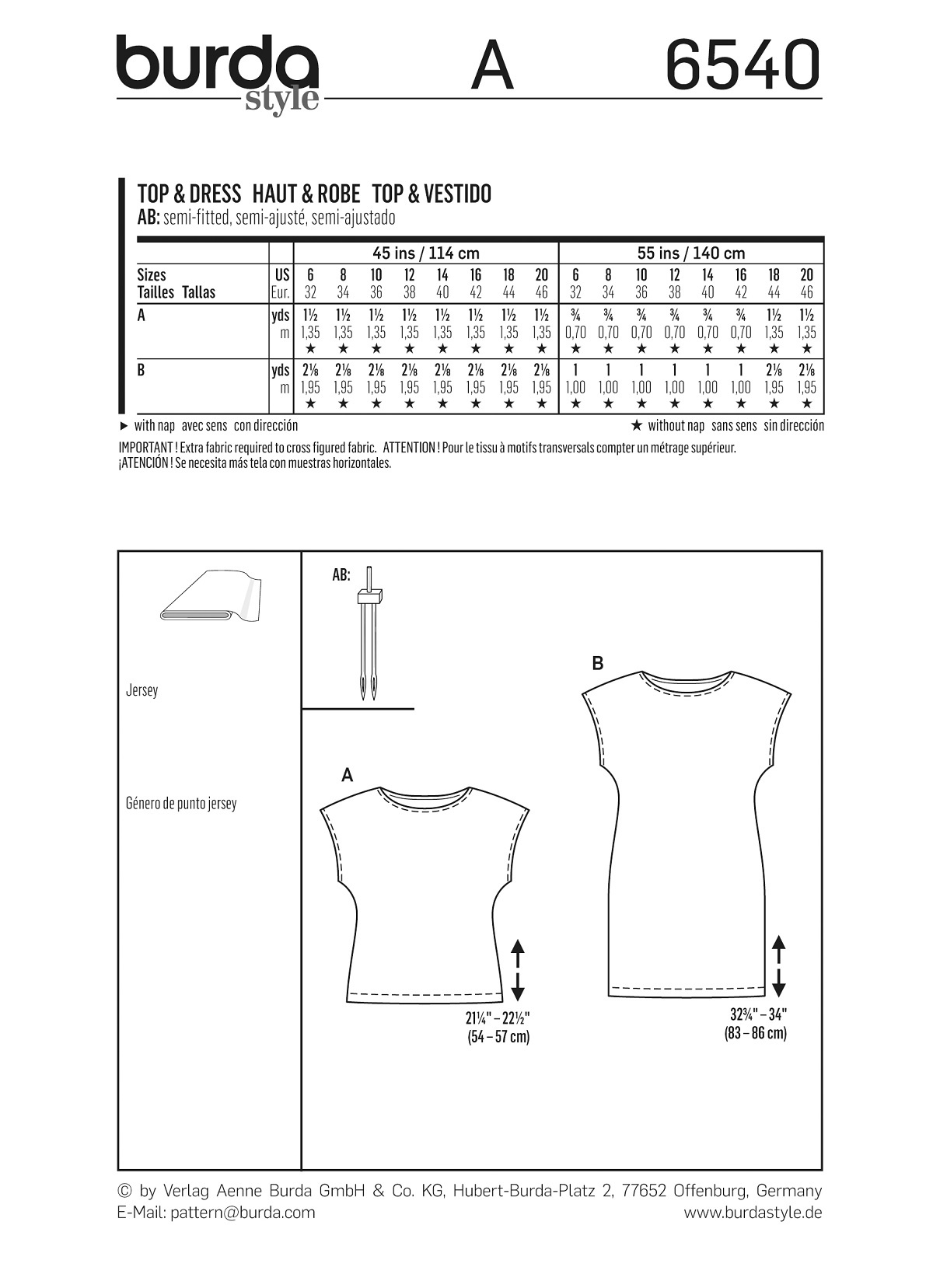 burda Schnitt 6540 "Top und Kleid und ärmellos"