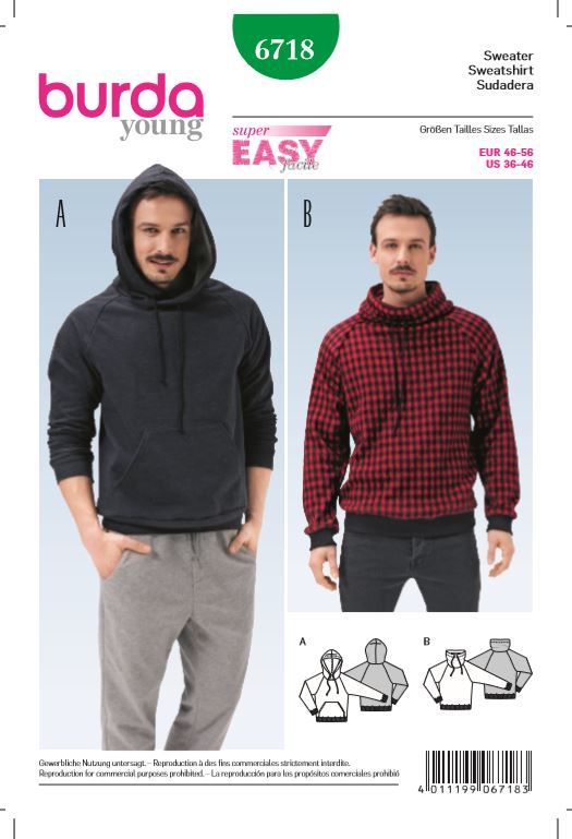 burda Schnitt 6718 "Herrensweater und Hoody und Kragen mit Kordeldurchzug und Raglan-Ärmel" burda Schnitt 6718 "Herrensweater und Hoody und Kragen mit Kordeldurchzug und Raglan-Ärmel"