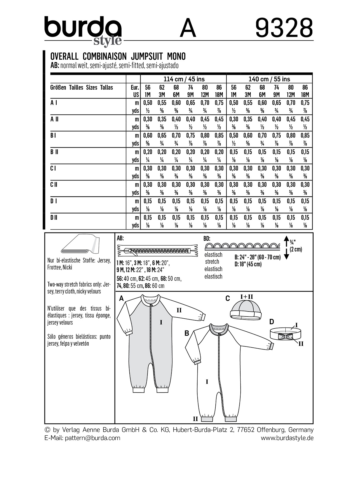 burda Schnitt 9328 "Overall, Muetze, Stirnband"