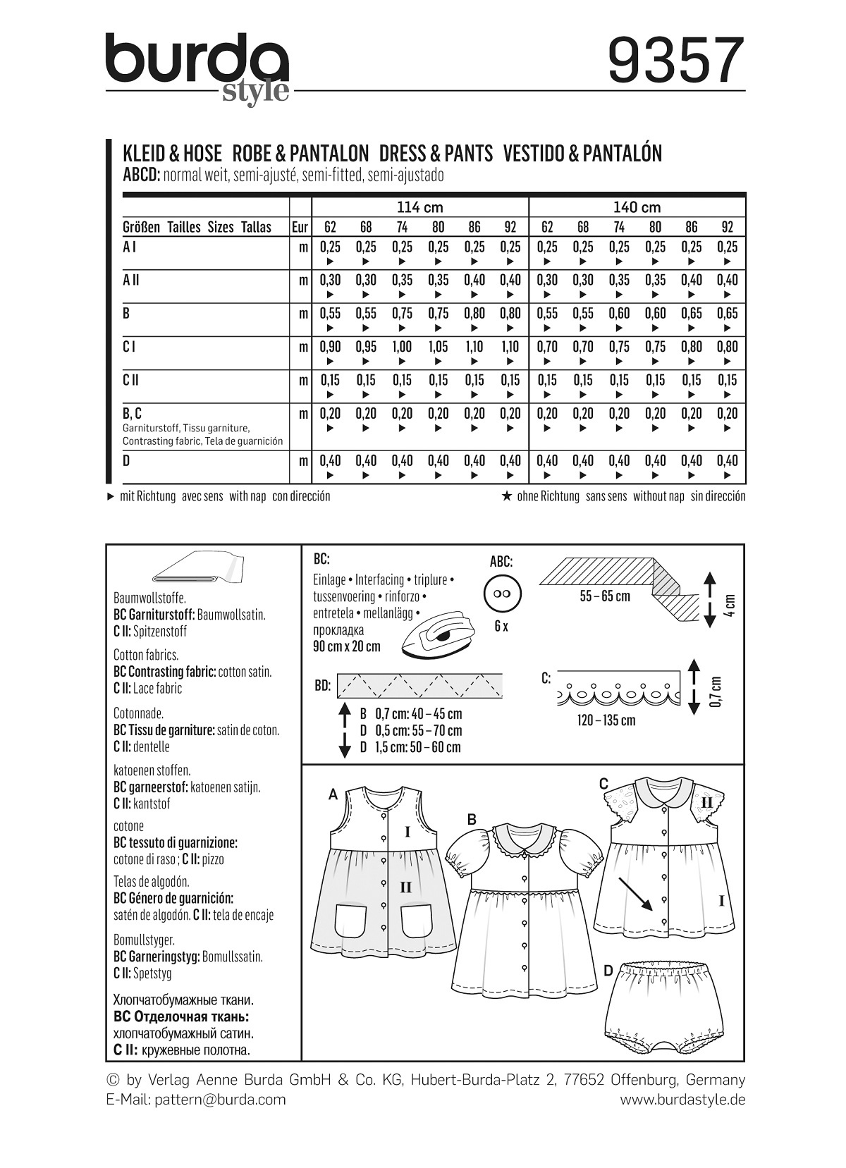 burda Schnitt 9357 "Kleid und Höschen und Bubikragen und Knopfverschluss"