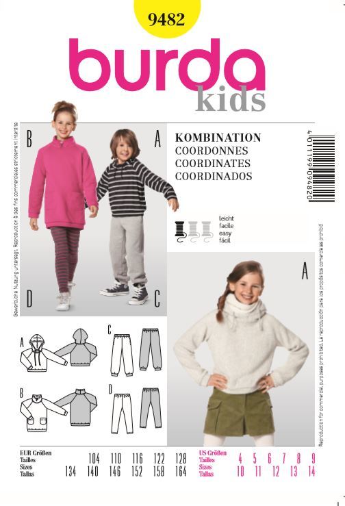 burda Schnitt 9482 "Kombination: Kapuzenshirts, Shirtkleid, Jogginghose, Leggings"
