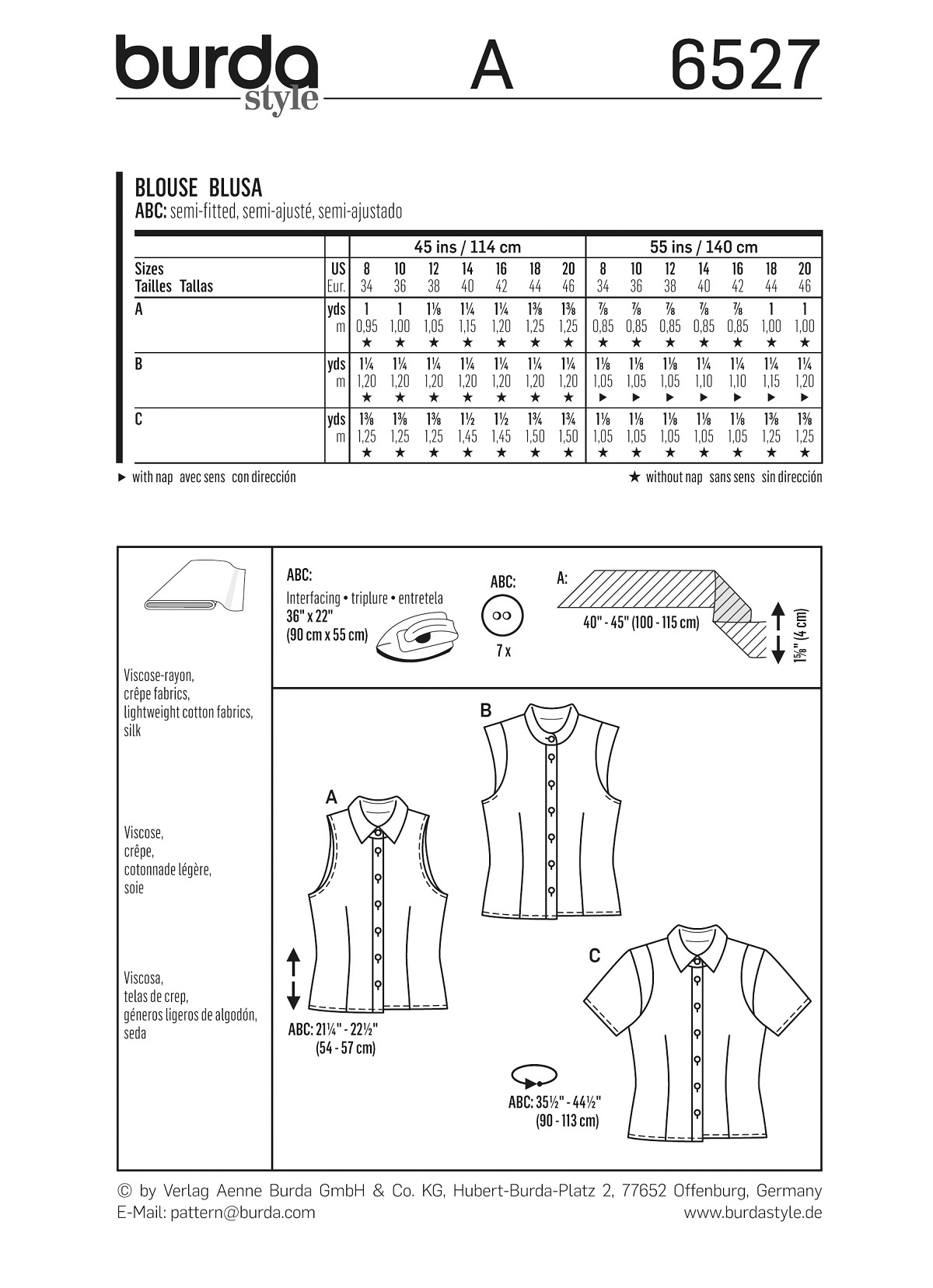 burda Schnitt 6527 "Bluse und Hemdkragen und Stehkragen und Ärmelblende"