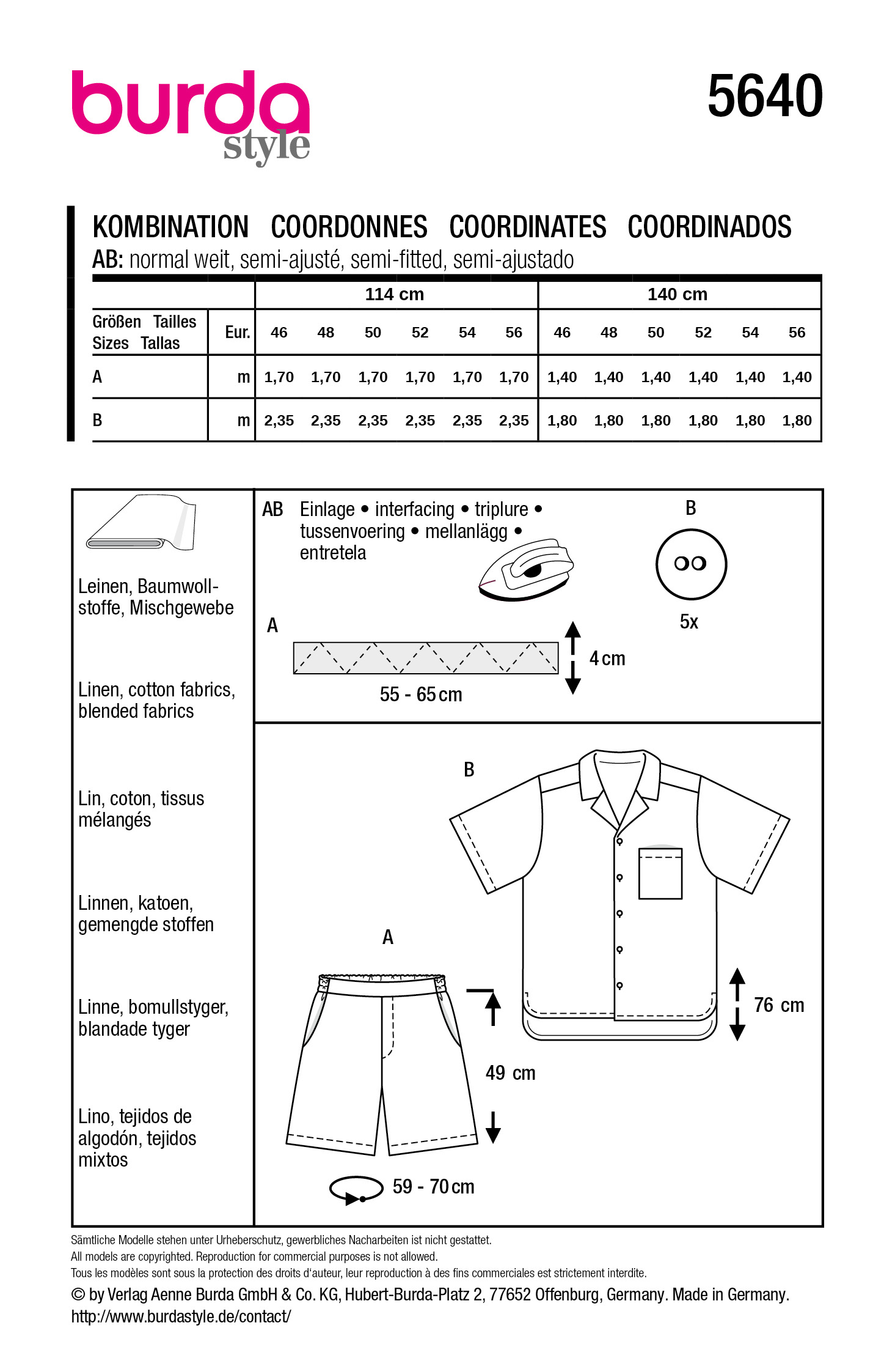 burda Schnitt 5640 - Set Hemd und Shorts