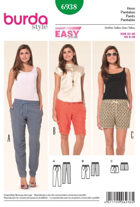 burda Schnitt 6938 "Gummizughose und Bermudas und Shorts"