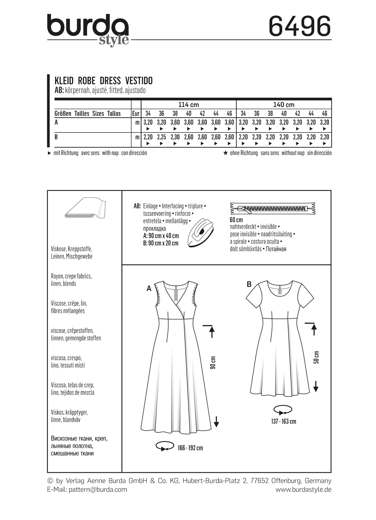 burda Schnitt 6496 "Kleid und hohe Taille und Wickeleffekt"