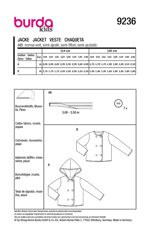 burda Schnitt 9236 " Leichte Kinderjacke"