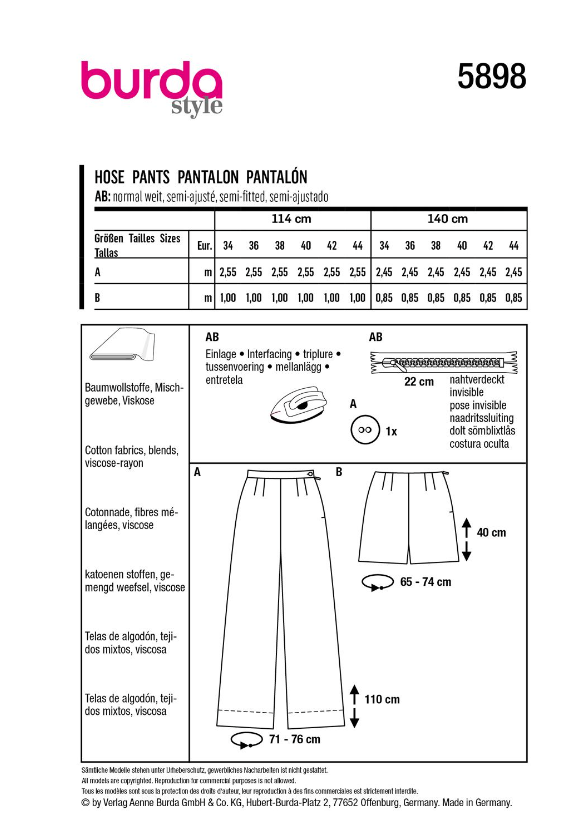 burda Schnitt 5898 " Hose und Short"